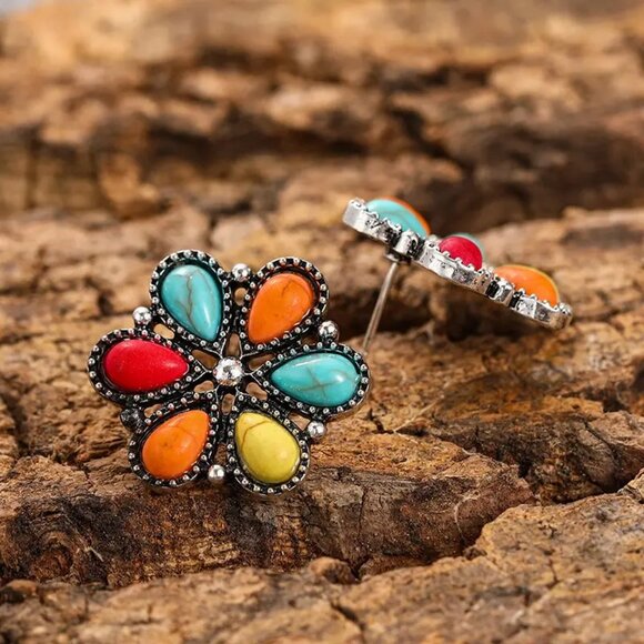 #40 Flower Shaped Colorful Turquoise Earrings, Bohemian Boho Style - Picture 2 of 2